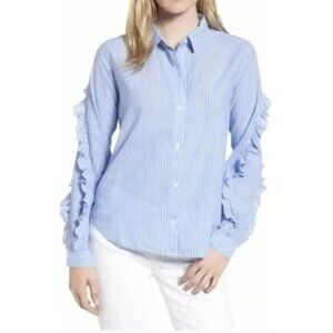 Rails Lizzi Bellflower Stripe Ruffle Button Up Shirt Blue & White Stripe- Size L
